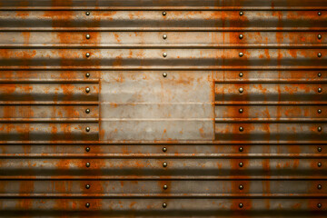 Corrugated metal panels with rust and weathering are bolted together in horizontal rows orange streaks and oxidation create an old industrial surface with rough texture