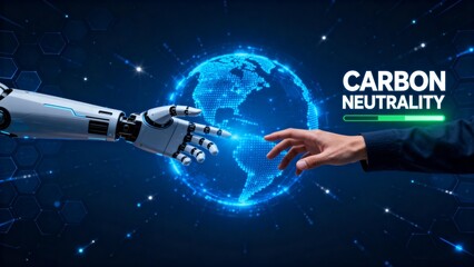 Human hand and robot arm near globe