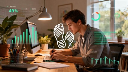 Man working at desk with data charts