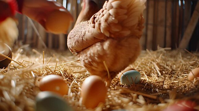 A chicken lays eggs in a nest surrounded by hay and wooden fencing in a farm setting from a close-up viewpoint