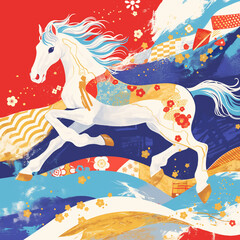 和柄の華やかさと力強い馬の姿が調和する2026年干支デザイン｜年賀状、正月の飾り、祝いのポスターなど多用途に対応する、日本文化を感じる和風イラスト