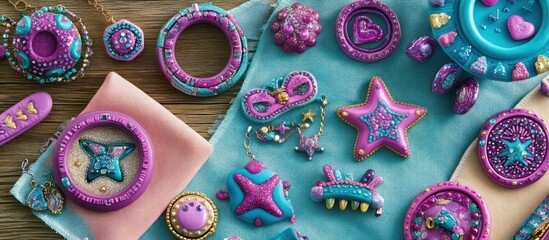 Colorful polymer clay craft creations on a wooden surface