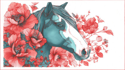 和柄の華やかさと力強い馬の姿が調和する2026年干支デザイン｜年賀状、正月の飾り、祝いのポスターなど多用途に対応する、日本文化を感じる和風イラスト