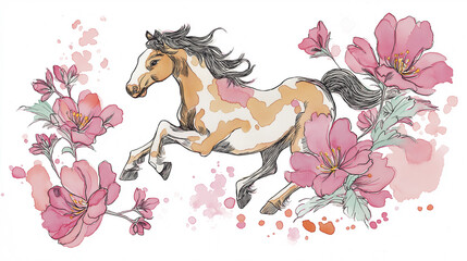 和柄の華やかさと力強い馬の姿が調和する2026年干支デザイン｜年賀状、正月の飾り、祝いのポスターなど多用途に対応する、日本文化を感じる和風イラスト