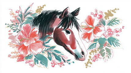 和柄の華やかさと力強い馬の姿が調和する2026年干支デザイン｜年賀状、正月の飾り、祝いのポスターなど多用途に対応する、日本文化を感じる和風イラスト