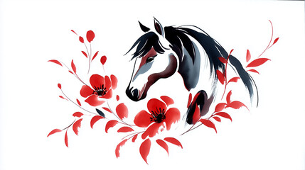 風を切って駆ける馬と重なる和文様が印象的な2026年干支年賀用イラスト｜伝統的な意匠と抽象的構成が特徴で、和風アートや正月素材としても汎用性抜群