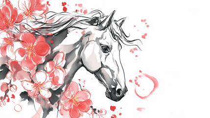 和柄の華やかさと力強い馬の姿が調和する2026年干支デザイン｜年賀状、正月の飾り、祝いのポスターなど多用途に対応する、日本文化を感じる和風イラスト