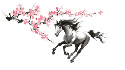 和柄の華やかさと力強い馬の姿が調和する2026年干支デザイン｜年賀状、正月の飾り、祝いのポスターなど多用途に対応する、日本文化を感じる和風イラスト