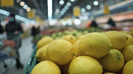 A captivating close-up shot focuses on a vibrant abundance of fresh, ripe yellow lemons, neatly displayed within a green crate in what appears to be a bustling grocery store produce section. The textu