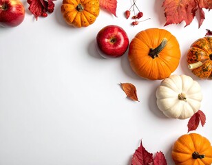 Autumnal arrangement with pumpkins, apples, and vibrant red foliage