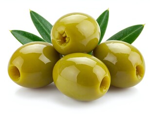 Close-up of four plump green olives with leaves, isolated on white