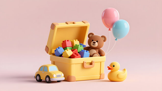 Cute yellow storage box overflowing with toys