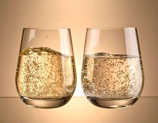 Two stemless glasses filled with sparkling, golden liquid