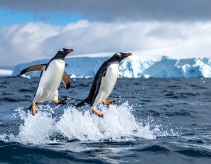 Obraz premium Two penguins leap from ocean, splashing water. Iceberg in the background