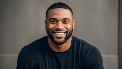 Obraz premium Smiling man in casual black shirt posing against neutral background