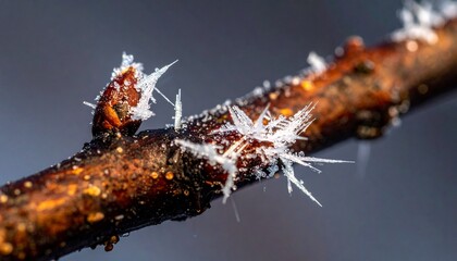 Macro Close-up of Black Tree Branch Texture with Microscopic Frost