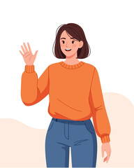 Cartoon illustration of a smiling young woman with short brown hair, wearing an orange sweater and blue jeans, waving her hand.
