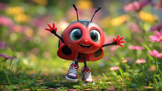 Cute 3D ladybug cartoon bugs character waving in spring meadow