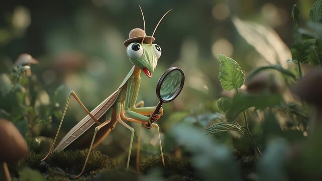 Praying mantis cartoon bugs detective with magnifying glass