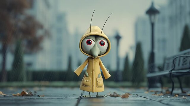 Grumpy cartoon bugs character in yellow raincoat standing in city rain