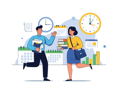 Two colleagues rushing to meet a deadline, surrounded by clocks and calendars, symbolizing time management and work pressure.