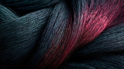 Close-up of intertwined dark fibers or hair with strong teal and red light accents, creating a structured abstract pattern.