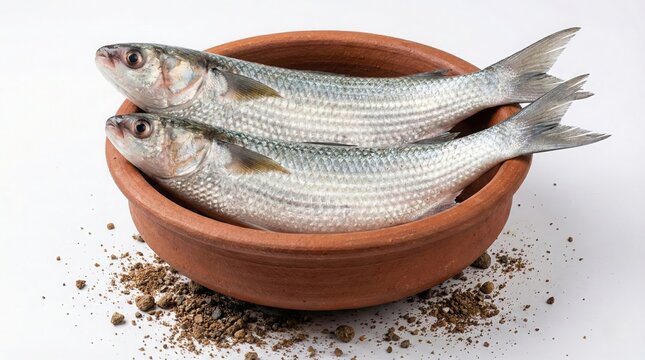 Fresh Raw Grey Mullet Fish or Thirutha in Traditional Clay Pot Isolated on White Background for Kerala Seafood and Healthy Protein Diet Concept - Photoshop with AI