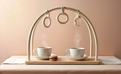 Obraz premium Two steaming coffee cups with a macaron under a minimalist wooden arch with hanging baby rings, cozy pastel still life concept