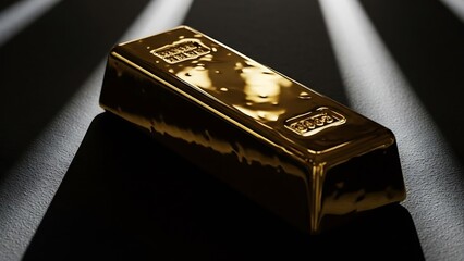 A gold bar is highlighted by spotlights on a dark surface viewed from a close-up angle