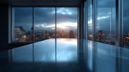 Modern meeting room with stunning city view through the window at night. The table reflects light of the city and sky