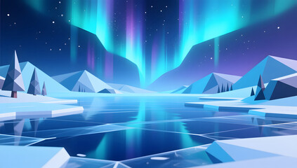 Winter frozen lake aurora low-poly 3D illustration