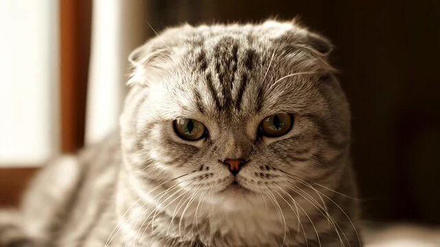 curious gray tabby cat closeup indoors with green eyes