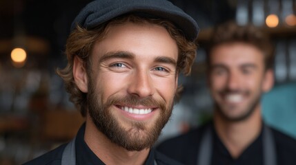 Smiling staff in their uniform, creating a welcoming and friendly atmosphere. The team members are ready to offer an inviting service to the customers