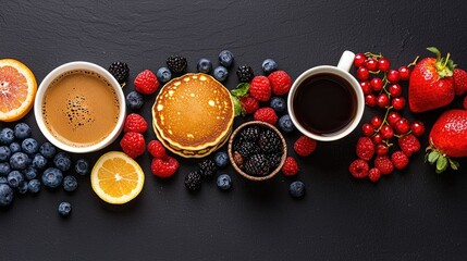 Delicious breakfast food arrangement on a dark surface.