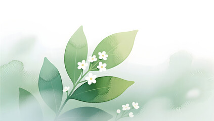 Healing illustration of fresh green leaves and small white flowers