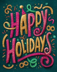 colorful hand-lettered happy holidays greeting card with festive swirls, confetti textures, and playful text on deep teal background for cheerful phone and email cards
