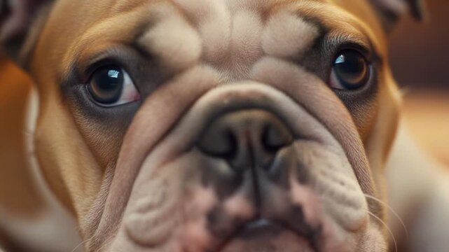 An intimate, eye-level close-up captures the charming and affectionate expression of a domestic Bulldog, highlighting its unique facial structure and loyal demeanor as a beloved pet
