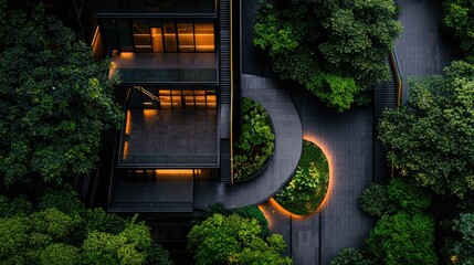 Dark modern building nestled within lush greenery.