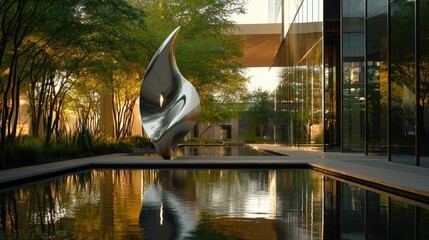 Modern sculpture reflecting in tranquil courtyard water.