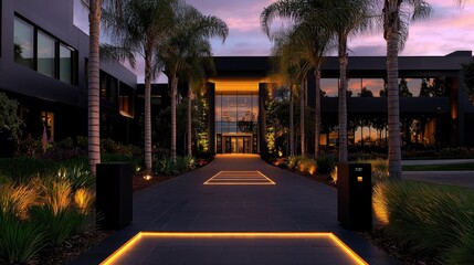 Modern mansion entrance at twilight, highlighted by warm lighting.
