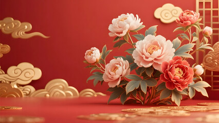 Luxurious 3D Chinese style background with peonies and clouds