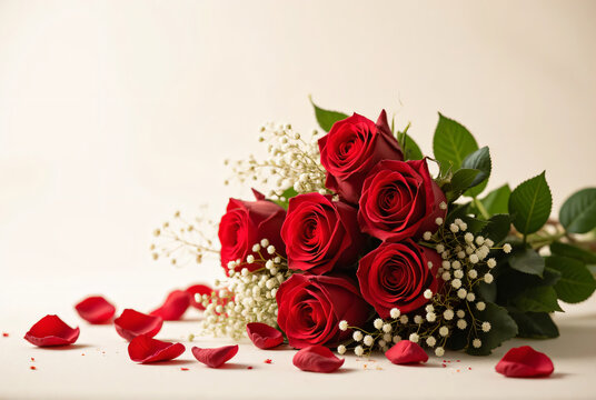 Red Rose Bouquet with Baby&rsquo;s Breath Flowers on Light Background