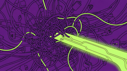 data transmission visualization featuring a glowing green light beam cutting through complex tangled network cables for digital infrastructure solutions