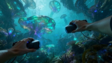 Person holding VR controllers in underwater virtual environment