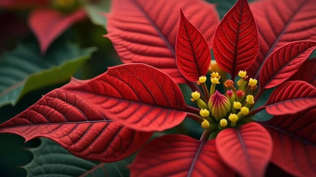 A vibrant red poinsettia flower in full bloom, showcasing its striking petals and yellow stamens in a close-up view.