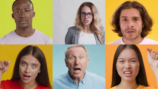 A collage features six diverse faces displaying a range of strong emotions. Each individual expresses intensity, showcasing feelings such as joy, anger, and surprise against colorful backgrounds.