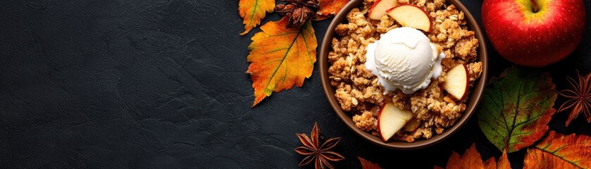 Autumnal  crisp topped with vanilla ice cream