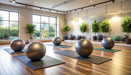 Well-lit yoga studio with exercise balls, mats, plants, and mirrors