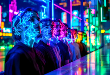 A group of people stand in a row with glowing neon lights and digital patterns projected on their faces and bodies in a futuristic city filled with vibrant colors