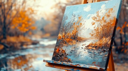 Painting of a serene autumn landscape with a flowing river on canvas